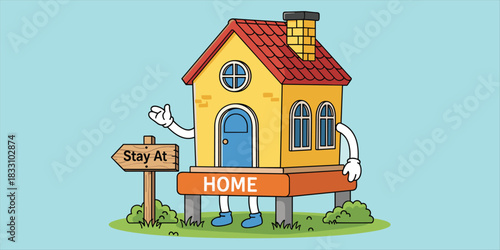 Cartoon house character, stay at home message, red roof, yellow walls, public health theme, flat vector illustration