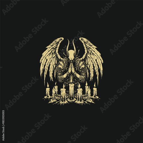 engraving-style illustration featuring a demonic entity or dark lord with large wings and horns, standing amidst several burning candles
