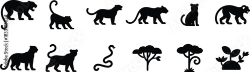 bold jungle animal silhouettes featuring lions, monkeys, snakes, and trees arranged in a strong graphic style ideal for wildlife branding, posters, and adventurous design themes.
