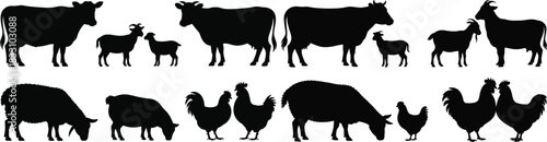 farm animals silhouettes including cows, goats, sheep, pigs, and chickens styled for rustic branding, country-themed logos, agricultural designs, and educational materials.