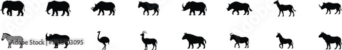 explore African wildlife silhouettes including elephants, rhinos, zebras, ostriches, gazelles, and wildebeest arranged for educational uses, nature branding, and creative layouts.