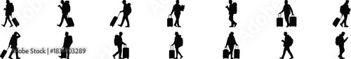 silhouettes of travelers with luggage conveying motion and adventure, ideal for tourism marketing, travel blogs, booking platforms, and journey-themed visual concepts.