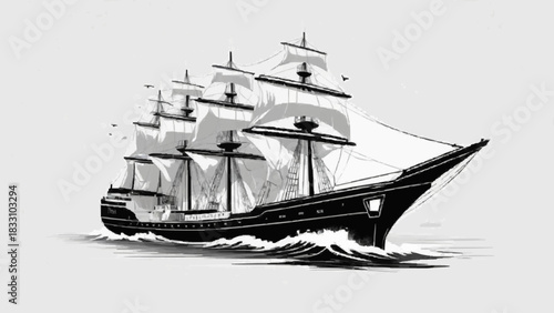 Vintage tall ship sailing on the vast blue ocean water under the sky