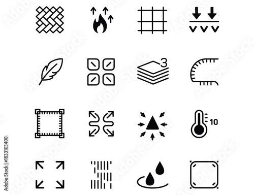 Explore fabric properties with this versatile design element featuring icons for weave, breathability, layering, temperature, stretch, and water resistance for diverse creative projects