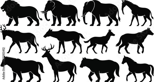 striking black silhouettes of wild animals such as lion, elephant, horse, and deer arranged in a bold minimal style for branding, outdoor themes, and modern design work.