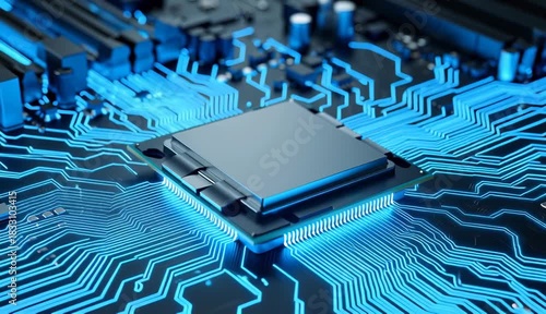 Closeup of a modern computer central processing unit chip installed on a dark motherboard with blue light accents