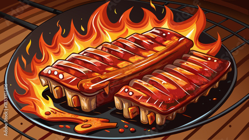 Juicy grilled pork ribs brushed with sweet and sour sauce, sizzling on a hot barbecue grill. Rich smoky texture, caramelized glaze, and vibrant food styling perfect for BBQ or culinary advertising