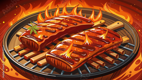 Juicy grilled pork ribs brushed with sweet and sour sauce, sizzling on a hot barbecue grill. Rich smoky texture, caramelized glaze, and vibrant food styling perfect for BBQ or culinary advertising