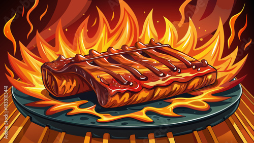 Tender barbecue ribs coated in sweet and sour sauce, cooking over a hot grill with smoky flames. Rich texture and appetizing shine ideal for food photography and restaurant promotions