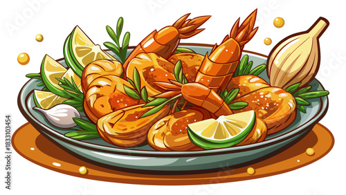 Fried shrimp cooked with aromatic garlic, golden and crispy with a savory glaze. Appetizing seafood dish ideal for food photography, restaurant menus, or culinary advertising