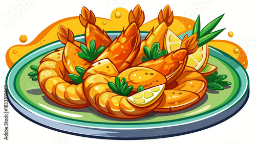 Fried shrimp cooked with aromatic garlic, golden and crispy with a savory glaze. Appetizing seafood dish ideal for food photography, restaurant menus, or culinary advertising