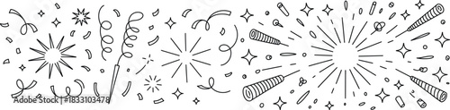 celebratory doodle art featuring stars, streamers, and party horns sketched in a lively style ideal for invitations, banners, festive posters, and digital celebration graphics.