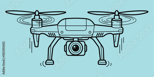 Quadcopter drone cartoon, four rotors, camera mounted, aerial photography device, flying tech icon, flat vector illustration