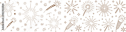 charming hand-drawn fireworks arranged in a joyful layout perfect for festive banners, invitations, posters, and creative decorations that enhance celebration themes.