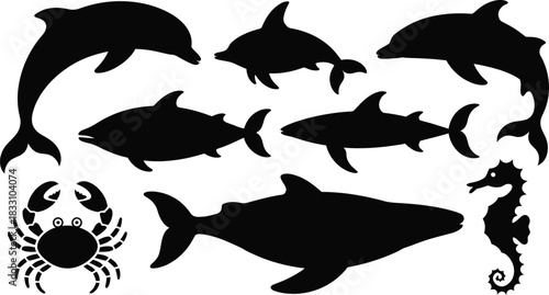 black silhouettes of dolphins, sharks, seahorse, and crab illustrated in a bold graphic style perfect for coastal designs, summer projects, and marine-themed artwork.