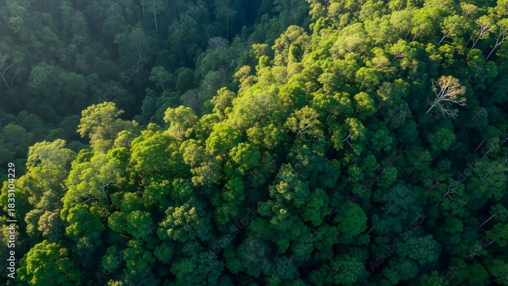 Naklejka premium Discover the Lush Green Canopy of a Dense Rainforest from Above offering stunning views of nature's beauty and ecological diversity for travel and conservation campaigns