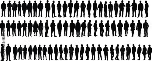 diverse crowd silhouettes arranged in rows illustrating community spirit ideal for backgrounds, business presentations, social themes, and organizational design concepts.