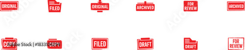 streamline document workflow icons featuring red rubber stamp labels such as copy, draft, filed, and archived ideal for office graphics, organization tools, and templates.