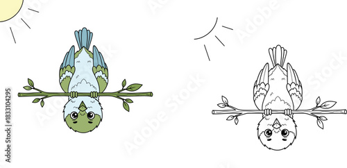 Funny cute cartoon bird hanging upside down from a tree branch isolated on white background vector illustration