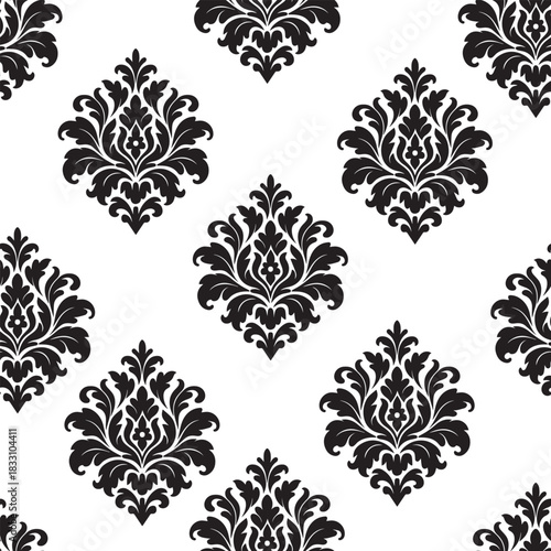 Elegant Black and White Damask Floral Motif Seamless Texture