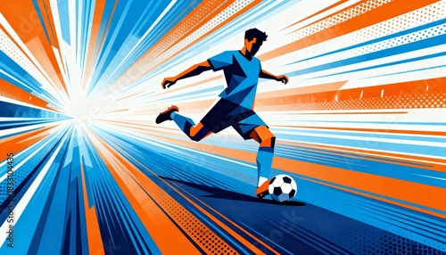 Dynamic soccer player kicking ball with abstract background of blue and orange rays