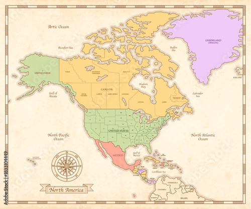 Retro Color Political Map of USA, Canada, Mexico and central America