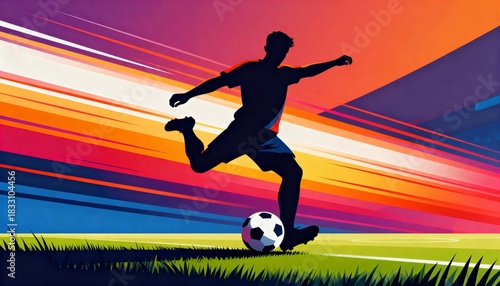 Dynamic soccer player kicking ball with abstract colorful background for sports illustration