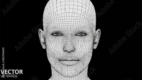 Detailed wireframe portrait of a human face, artistic and digital.