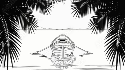 Rowboat with oars on calm water framed by palm leaves.