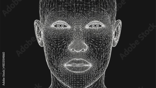 Wireframe human face representing artificial intelligence and digital identity.