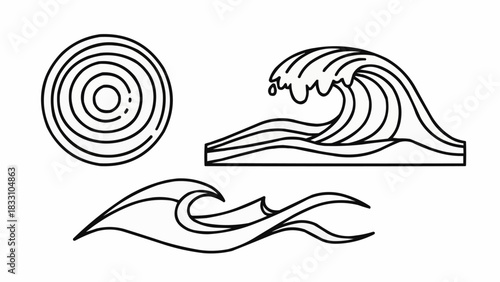 Minimalist Wave Illustrations - Sun, Cresting Wave, and Flowing Water.