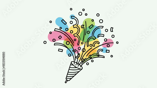 Colorful party popper illustration with confetti and streamers for celebration.