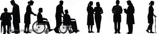 healthcare professional silhouettes assisting patients and elderly individuals depicted with supportive interaction suitable for medical layouts and caregiving designs.