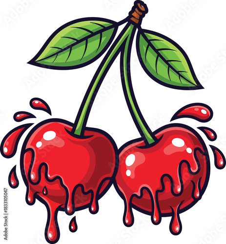 Enticing Cartoon Red Cherries Dripping with Sweet Juice Perfect for a Refreshing Treat