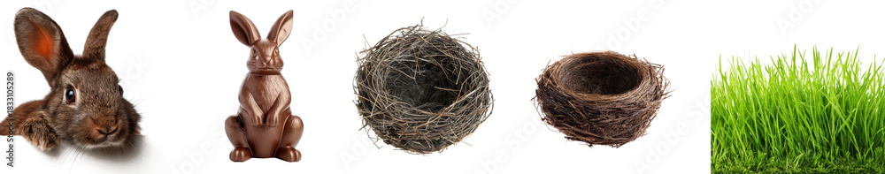 Obraz premium spring easter set of easter elements: nest, easter bunny, chocolate easter rabbit, green grass isolated on white or transparent png