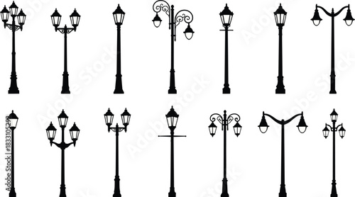 Collection of black silhouette vintage street lamps on white background lamppost