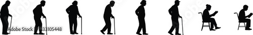 senior silhouettes with canes walking and relaxing illustrated for healthcare themes, senior lifestyle concepts, retirement materials, and informational design projects.