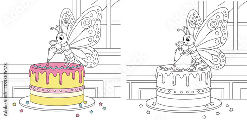 Cute cartoon butterfly decorating a large birthday cake with pink icing using a piping bag vector illustration for kids coloring book