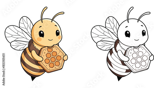 Cute cartoon bee holding a honeycomb piece happy insect character vector illustration isolated on white background