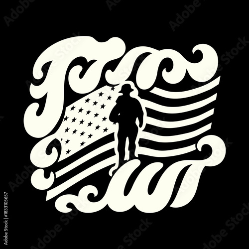 Creamy White Stencil Style American Flag Soldier Silhouette
