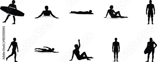 summer activity silhouettes including swimming, surfing, sunbathing, and relaxing arranged for vacation themes, beach lifestyle designs, and travel promotional art.