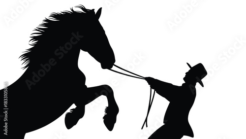 Silhouette of a Person Holding a Rearing Horse by the Reins