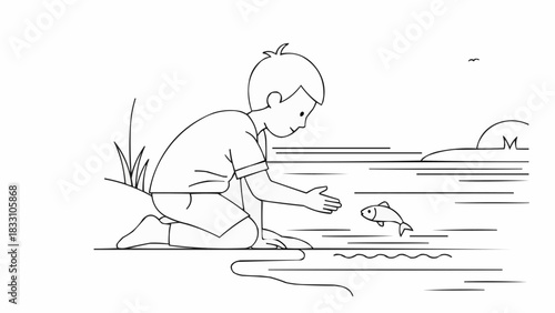 Boy Intently Watching a Fish in Water, Sketch Illustration.