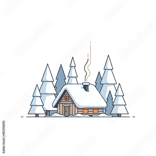 Cozy winter cabin retreat with snow-covered roof, perfect for holiday greeting cards or seasonal promotions, evoking feelings of warmth and peacefulness