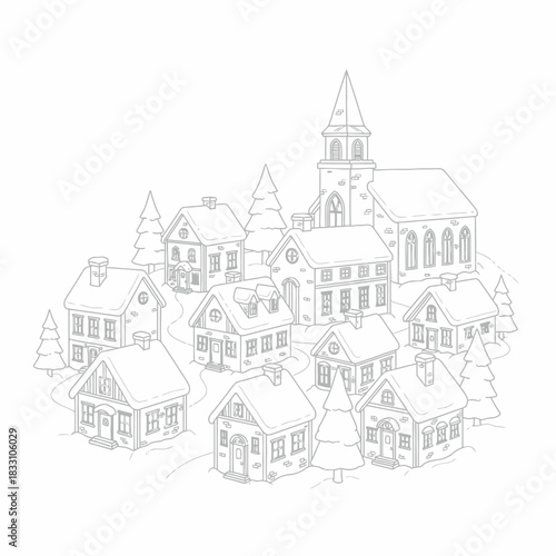 Charming winter village scene with church and cozy houses, perfect for holiday cards and nostalgic designs evokes serenity and simple living