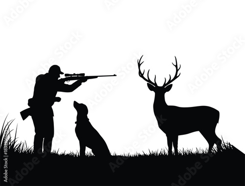 Hunter Silhouette Aiming at Deer with Dog