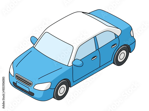 Isometric illustration of a blue sedan car with a white roof on a white background.