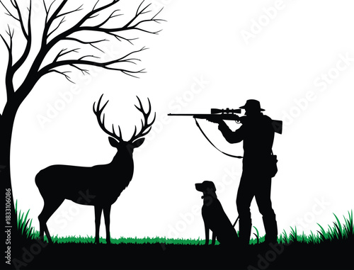 Hunter Aiming at Deer with Dog, Wildlife Hunting Silhouette Scene