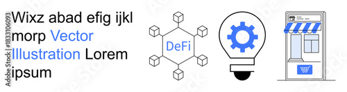 Decentralized finance, blockchain, technology innovation, digital transactions, e-commerce, cryptocurrency. Visuals include blockchain network symbol and lightbulb with gear. DeFi and blockchain