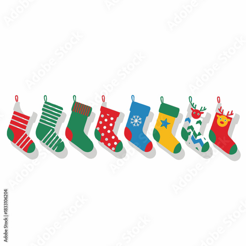 Festive Christmas stockings hanging in a row bring holiday cheer, perfect for seasonal greetings and joyful celebrations, a colorful, graphic, and fun set